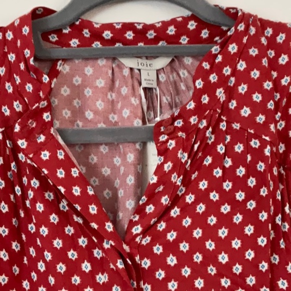 Joie red patterned, open neck, long sleeve, loose blouse - Picture 3 of 5